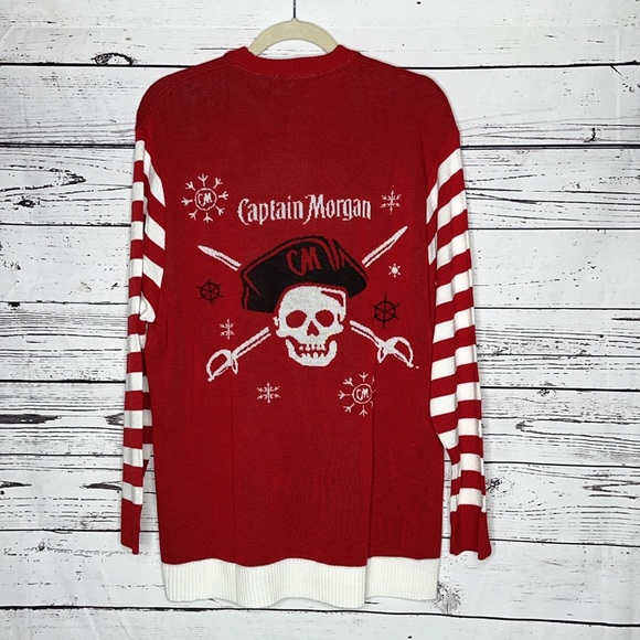 Captain Morgan Size L Red - Stripe Pirate Rum Snowflake Christmas Sweater Top - Picture 2 of 3